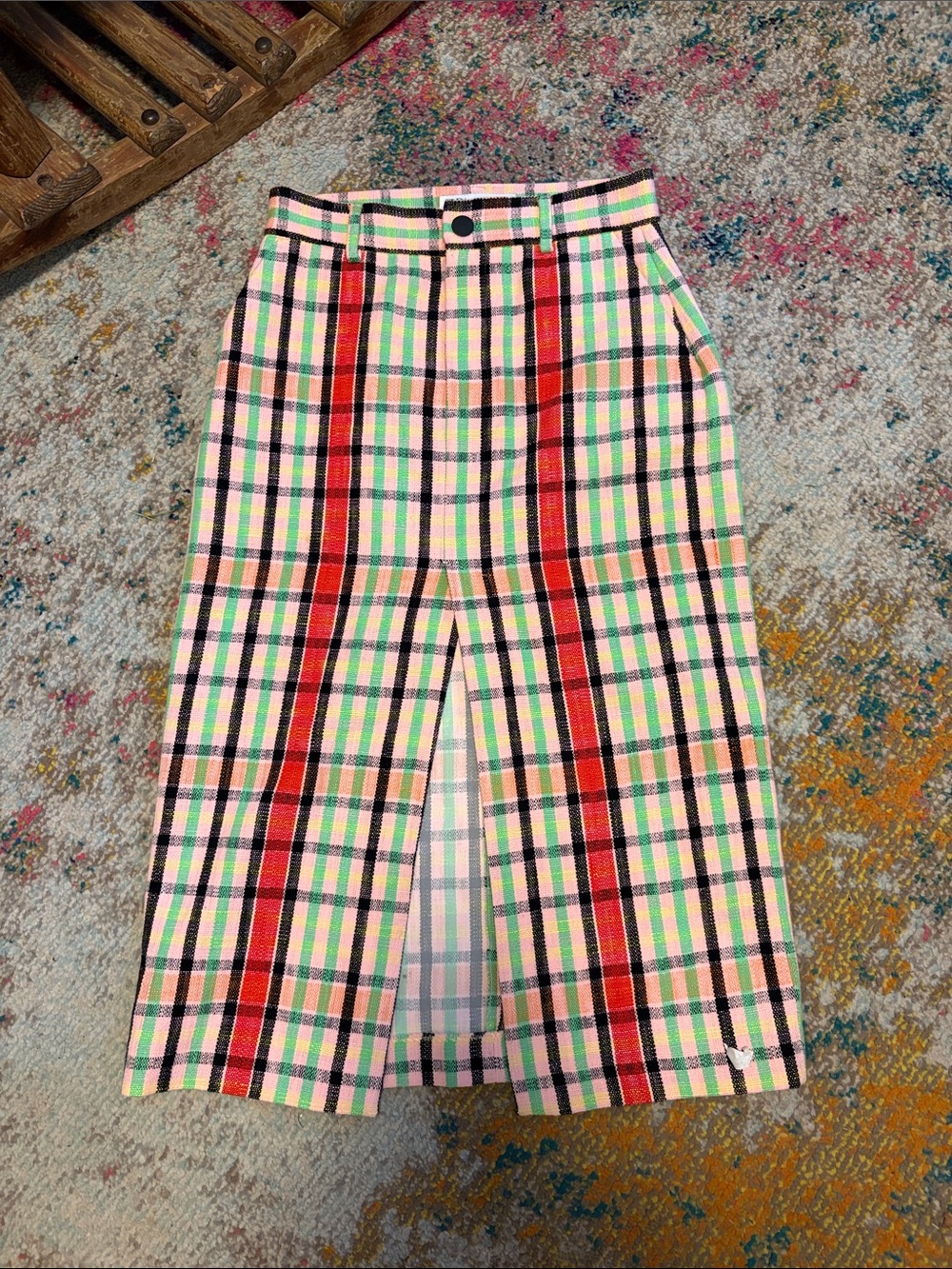 Zara Pink Plaid Skirt with Red, Black and Green Stripes
